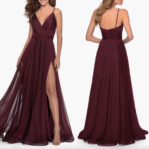 NWT LA FEMME Garnet CHIFFON Pleated Bodice HIGH Slit EVENING Dress BALL GOWN 6 - Picture 1 of 12